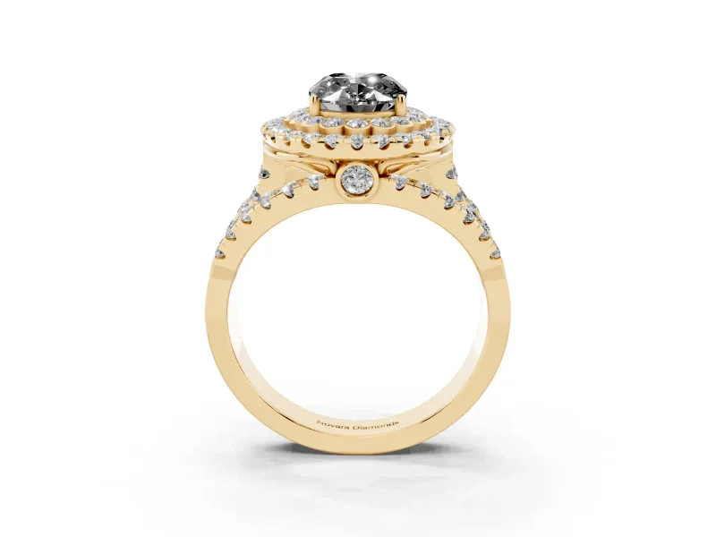 Oval Double Halo Split Shank Engagement Ring Setting for a Black Center | Pavé Strands | Yellow Gold