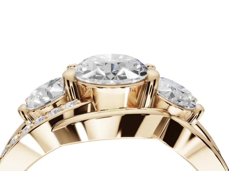 Oval Three Stone Split Shank Engagement Ring Setting | Matching Sides | Yellow Gold
