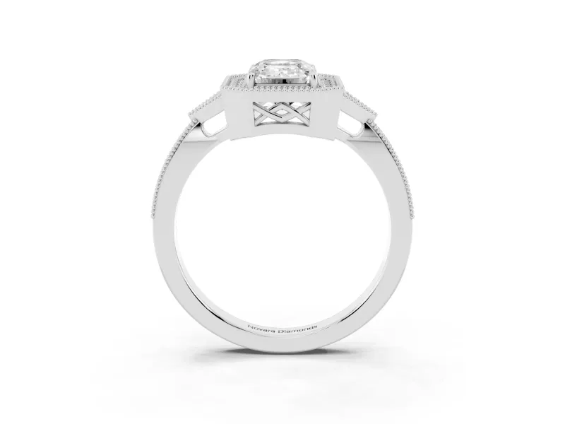 Emerald Cut Diamond Halo Engagement Ring Set in Platinum with Milgrain Pavé Band