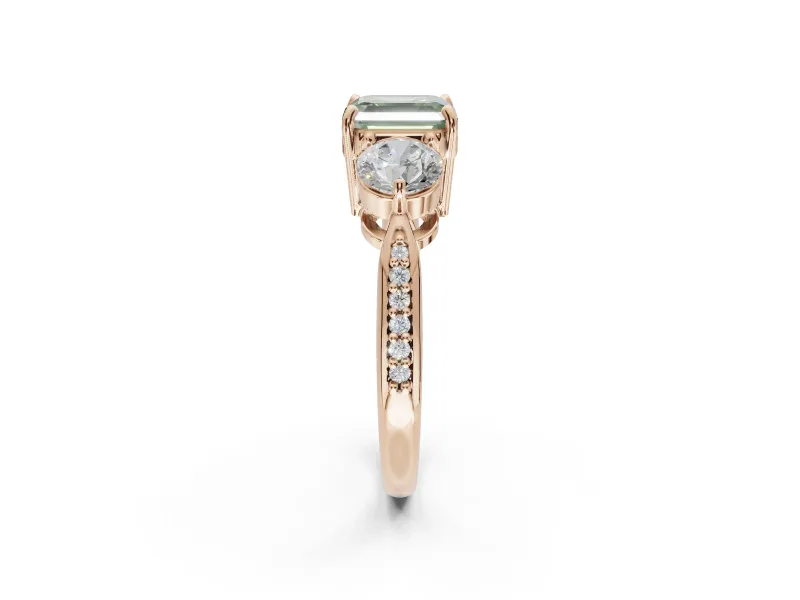 Asscher Cut Three Stone Engagement Ring Setting for a Fancy Green Lab-Grown Diamond | Tapered Pave Band | Rose Gold