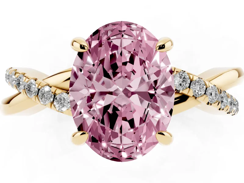 Fancy Pink Oval Cut Diamond Twist Band Solitaire Set in Yellow gold with Pavé Accents and Prong Setting