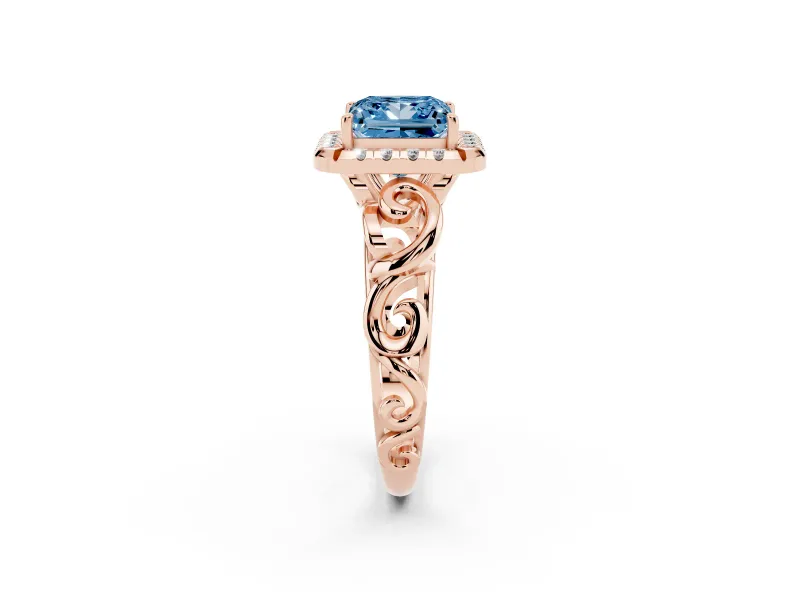 Fancy Blue Princess Cut Diamond Halo Ring Set in Rose gold with Scrollwork Band and Prong Setting