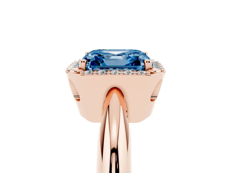 Fancy Blue Asscher Cut Diamond Halo Engagement Ring Set in Rose gold with Plain Split Shank and Prong Setting