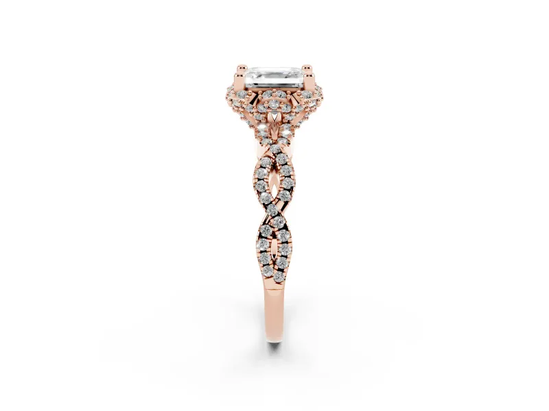 Asscher Cut Diamond Halo Twist Band Solitaire Ring Set in Rose gold with Prong-Set Center Stone