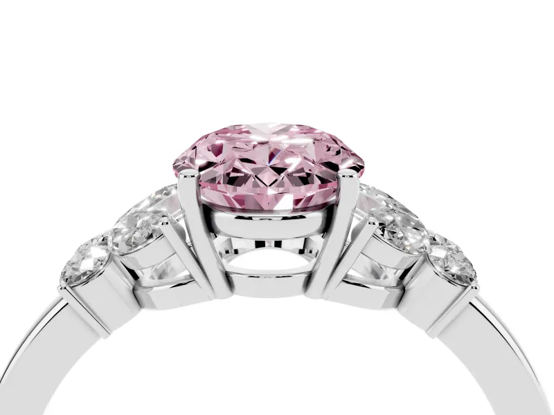 Fancy Pink Oval Cut Diamond Solitaire Floral Ring Set in Platinum with Marquise Petals and Prong Setting