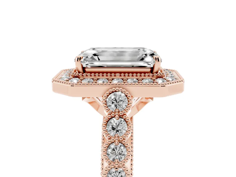 Emerald Cut Milgrain Halo Engagement Ring Setting | Graduated Bezel Accents | Rose Gold