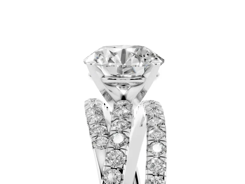 Round Cut Diamond Solitaire Twist Band Ring Set in Silver with Pavé Setting and Prong Head