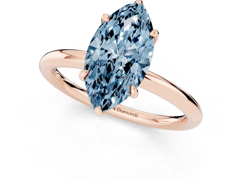Fancy Blue Marquise Cut Diamond Solitaire Ring Set in Rose gold with Thin Band and Prong Setting