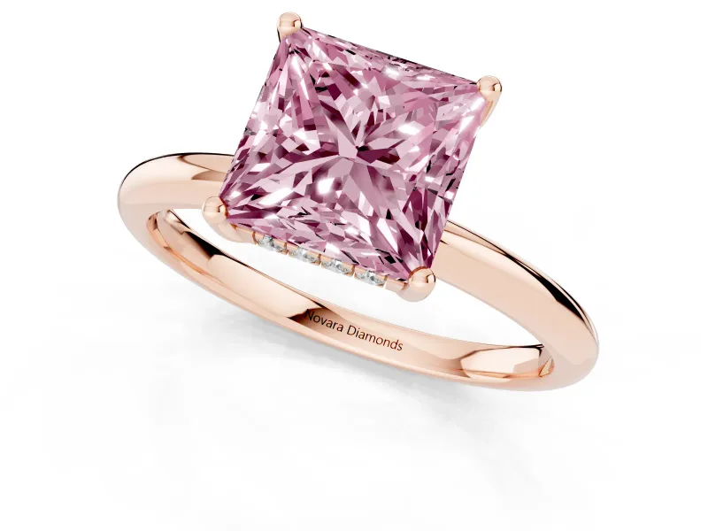 Fancy Pink Princess Cut Diamond Solitaire Engagement Ring Set in Rose gold with Prong Setting and Polished Band