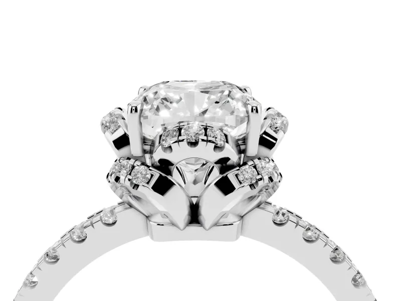 Cushion Cut Diamond Halo Pavé Band Ring Set in Platinum with Prong-Held Center