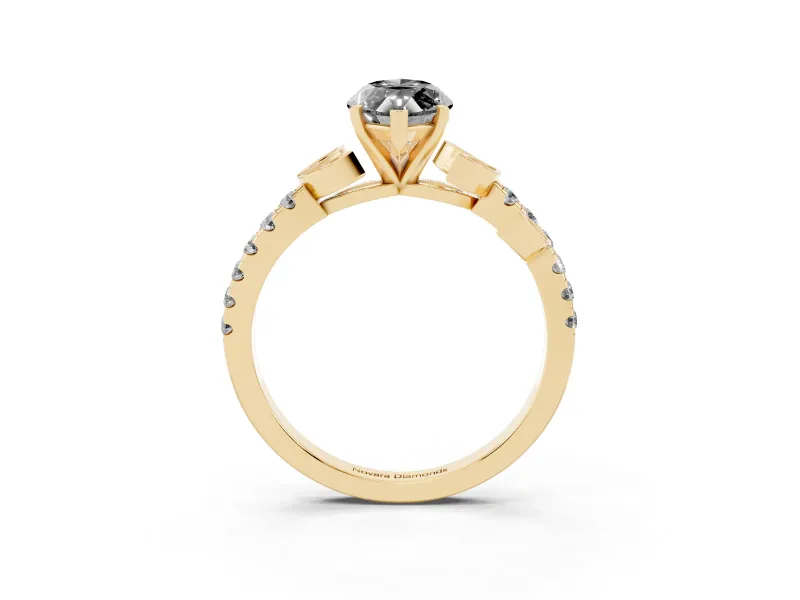 Fancy Black Marquise Cut Diamond Solitaire Leaf-Inspired Ring Set in Yellow gold with Pavé Band and Prong Setting