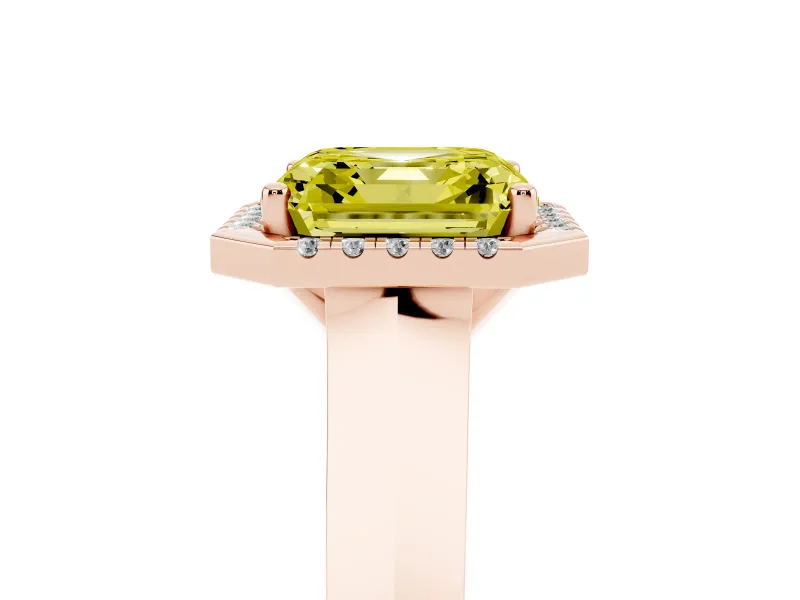 Fancy Yellow Asscher Cut Diamond Halo Ring Set in Rose gold with Cathedral Band and Prong Setting