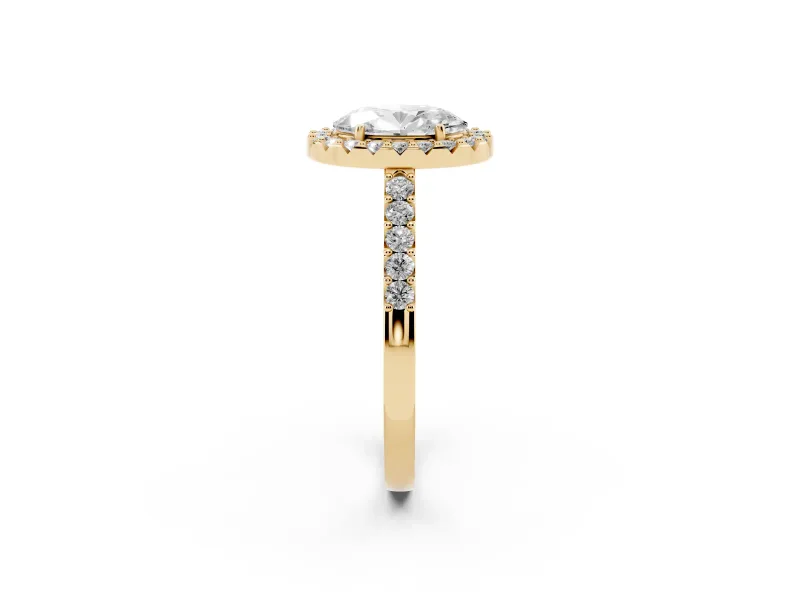 Oval Cut Diamond Halo Pavé Solitaire Ring Set in Yellow gold with Prong-Set Center Stone