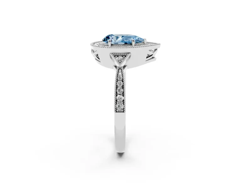 Fancy Blue Pear Cut Diamond Halo Engagement Ring Set in Silver with Milgrain Pavé Band