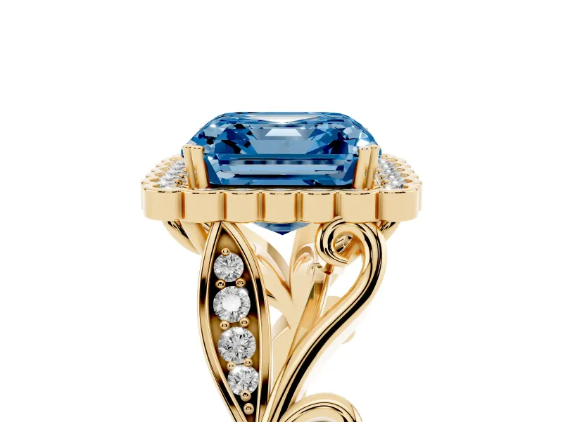 Asscher Cut Leaf Halo Engagement Ring Setting for a Fancy Blue Lab-Grown Diamond | Yellow Gold
