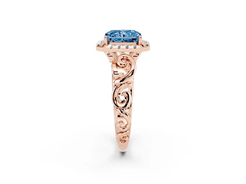 Fancy Blue Radiant Cut Diamond Halo Ring Set in Rose gold with Scrollwork Band and Prong Setting