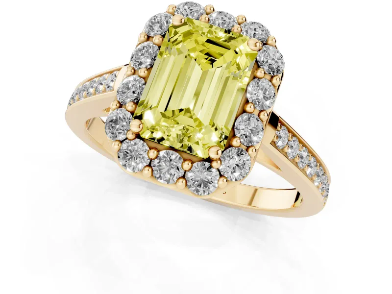 Fancy Yellow Emerald Cut Diamond Floral Halo Ring Set in Yellow gold with Pavé Band and Prong Setting