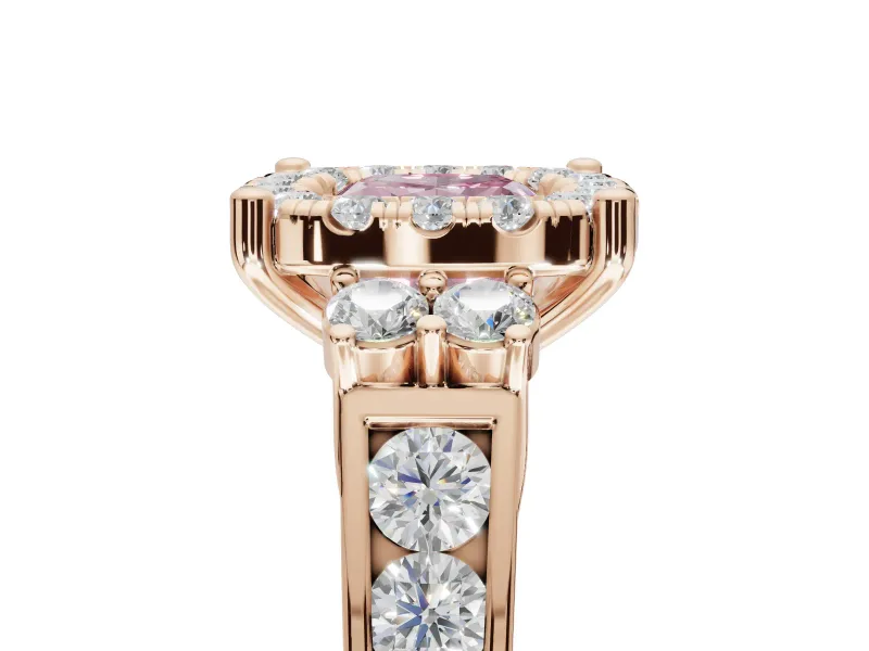 Cushion Cut Halo Engagement Ring Setting for a Fancy Pink Lab-Grown Diamond | Graduated Channel Band | Rose Gold