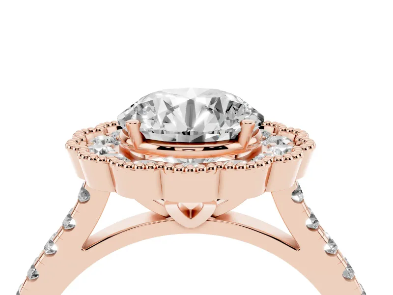 Round Cut Diamond Milgrain Floral Halo Engagement Ring Set in Rose gold with Pavé Band