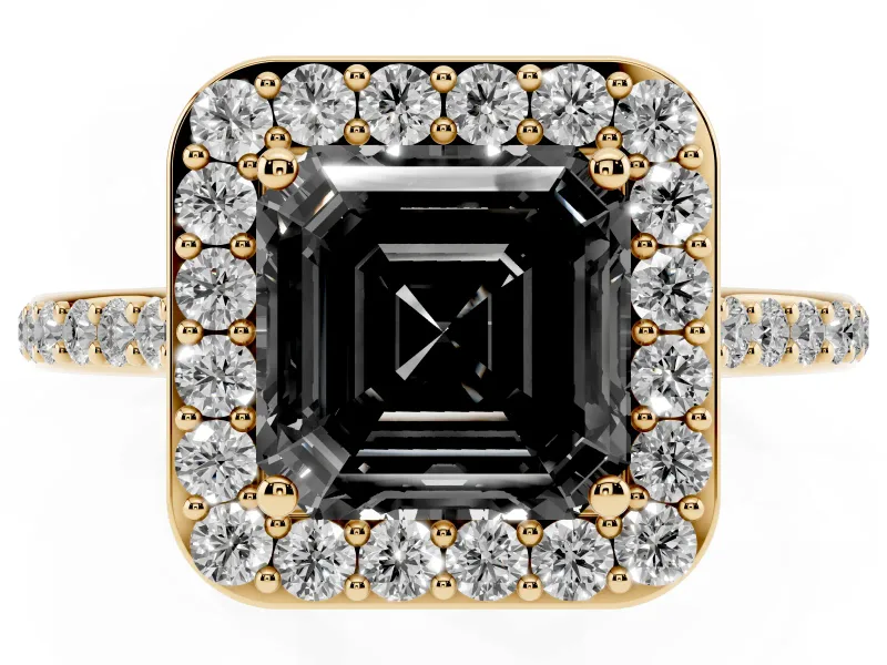 Asscher Cut Pavé Halo Engagement Ring Setting for a Black Center | Yellow Gold