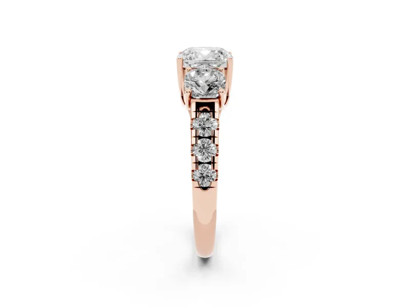 Cushion Cut Three Stone Engagement Ring Setting | Accented Shoulders | Rose Gold