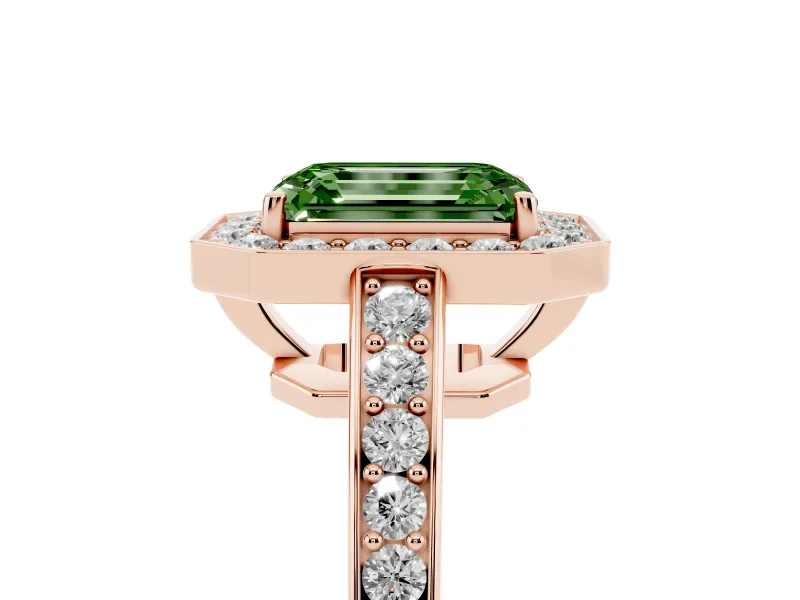 Emerald Cut Framed Halo Engagement Ring Setting for a Fancy Green Lab-Grown Diamond | Rose Gold