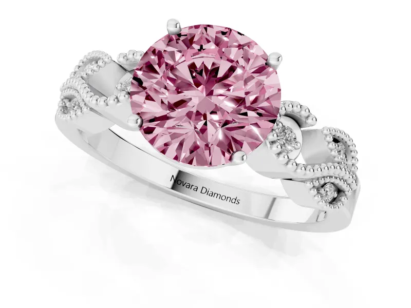 Fancy Pink Round Cut Diamond Milgrain Leaf Band Solitaire Ring Set in Silver with Accent Stones and Prong Setting