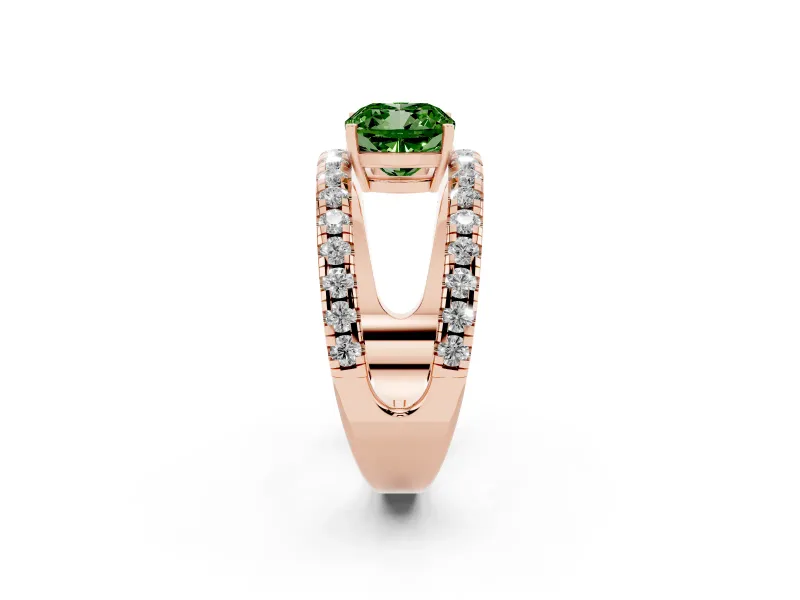 Cushion Cut Wide Open Split Shank Engagement Ring Setting for a Fancy Green Lab-Grown Diamond | Pavé Strands | Rose Gold