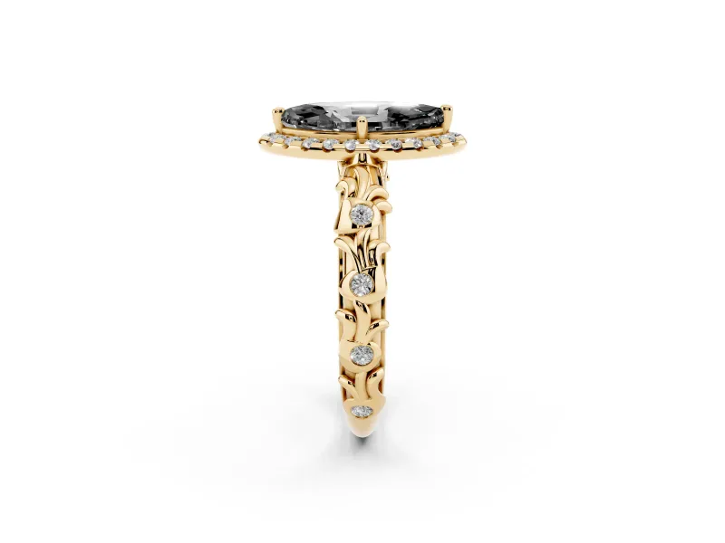 Marquise Leaf Halo Engagement Ring Setting for a Black Center | Bezel Accents | Yellow Gold