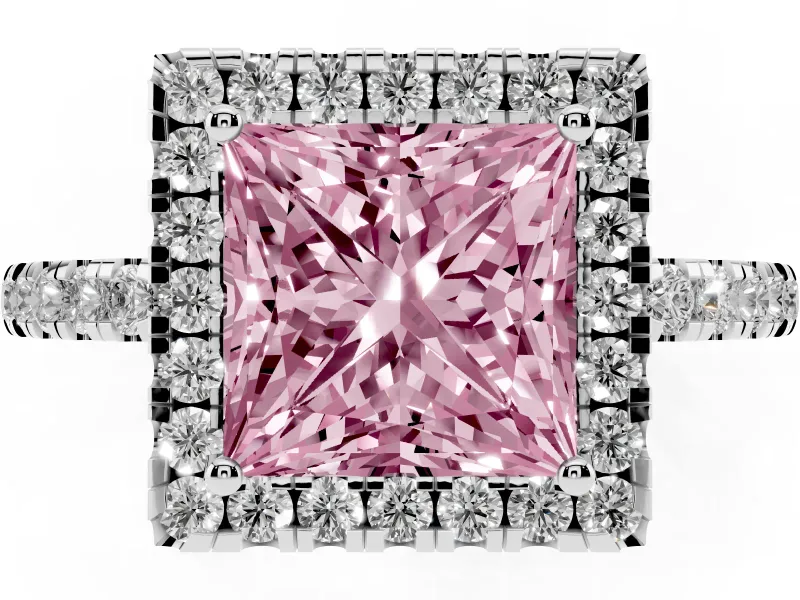 Princess Cut Halo Engagement Ring Setting for a Fancy Pink Lab-Grown Diamond | Shared Prong Pavé Band | White Gold
