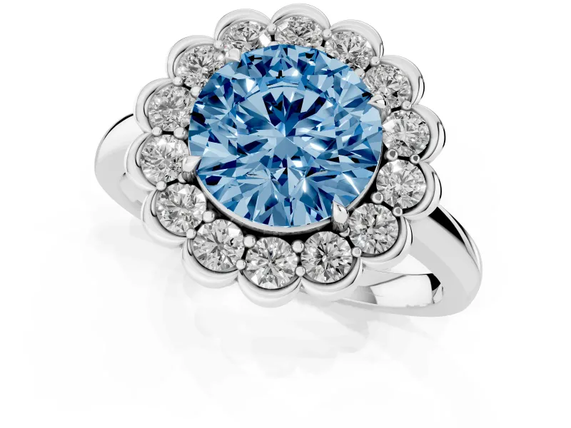 Round Scalloped Cluster Halo Engagement Ring Setting for a Fancy Blue Lab-Grown Diamond | Plain Band | Platinum