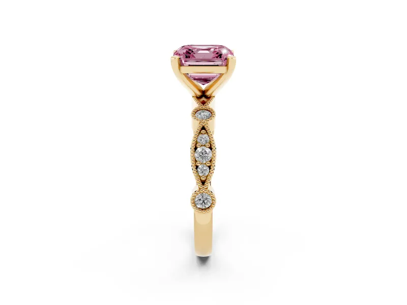Fancy Pink Asscher Cut Diamond Solitaire Engagement Ring Set in Yellow gold with Milgrain Bezel Accent Band