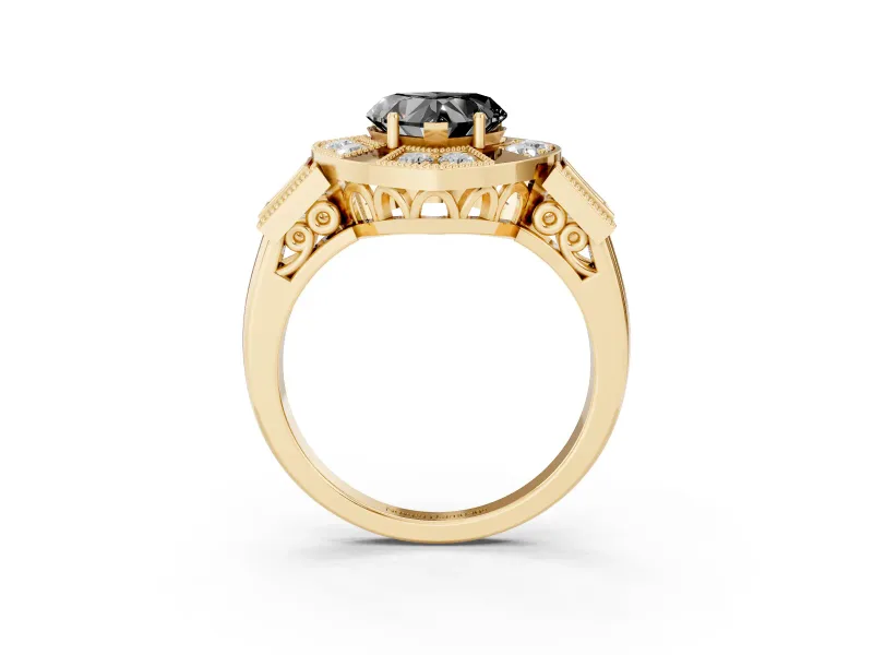 Fancy Black Heart Cut Diamond Milgrain Halo Ring Set in Yellow gold with Split Shank
