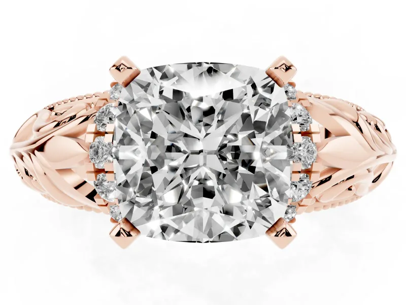 Cushion Cut Diamond Filigree Halo Engagement Ring Set in Rose gold with Prong Setting