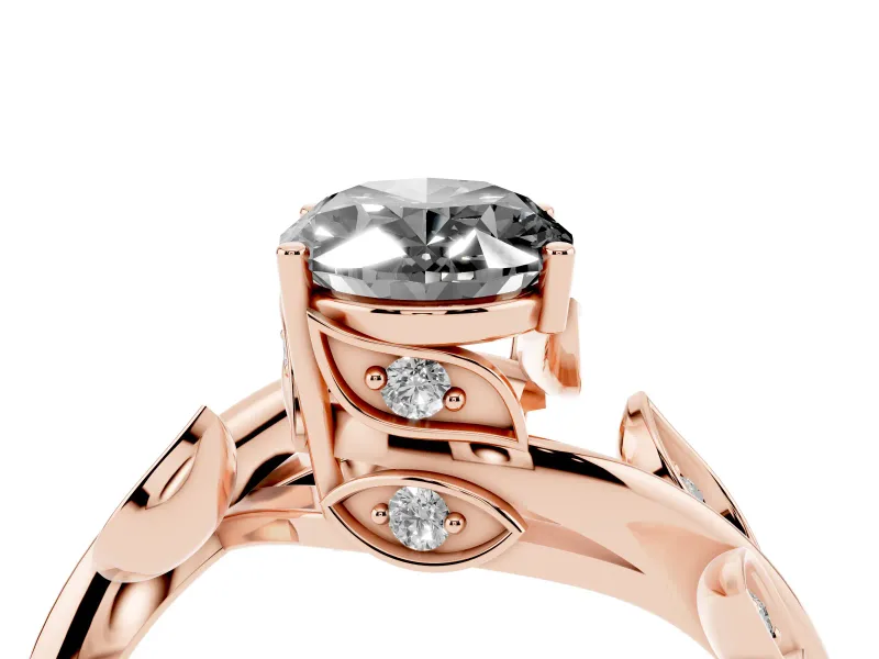 Fancy Black Oval Cut Diamond Solitaire Twist Engagement Ring Set in Rose gold with Pavé Leaf Accents
