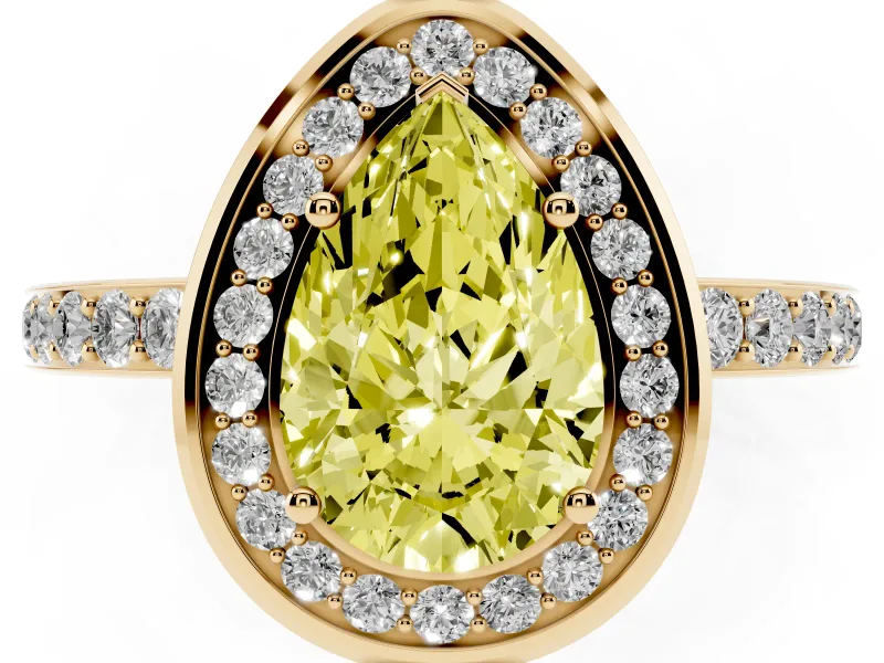 Fancy Yellow Pear Cut Diamond Halo Ring Set in Yellow gold with Bezel Frame and Pavé Band