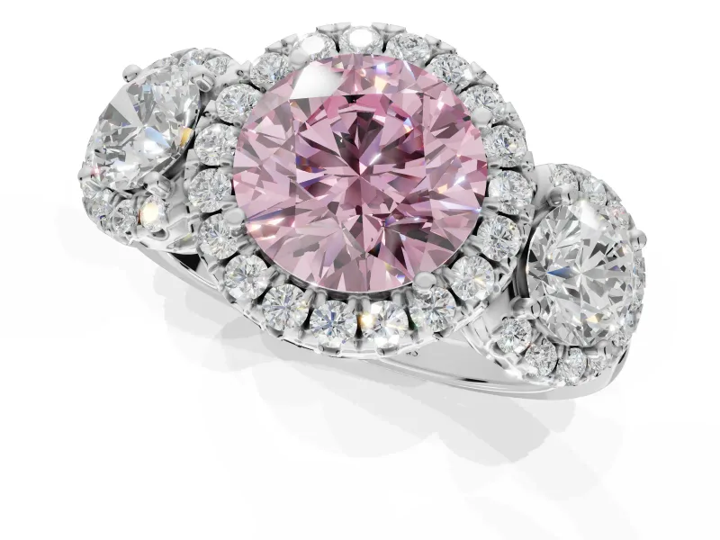 Round Three Stone Halo Engagement Ring Setting for a Fancy Pink Lab-Grown Diamond | Platinum