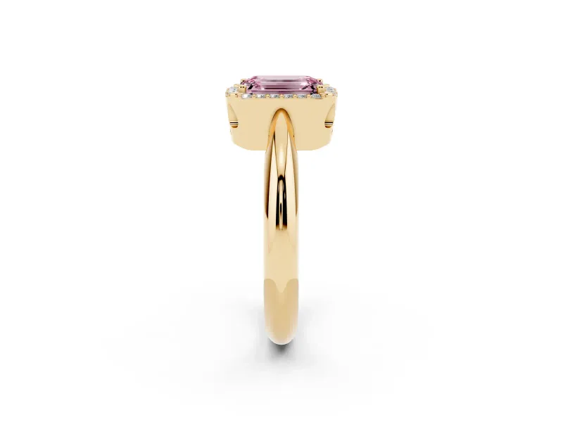 Emerald Cut Halo Engagement Ring Setting for a Fancy Pink Lab-Grown Diamond | Plain Tapered Band | Yellow Gold