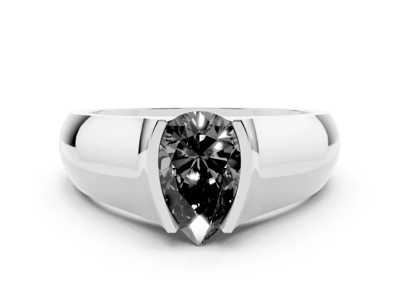 Fancy Black Pear Cut Diamond Bezel Solitaire Ring Set in White gold with Wide Band