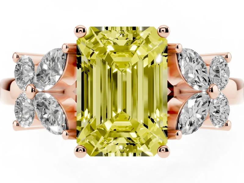 Fancy Yellow Emerald Cut Diamond Floral Cluster Ring Set in Rose gold with Marquise Petals and Prong Setting