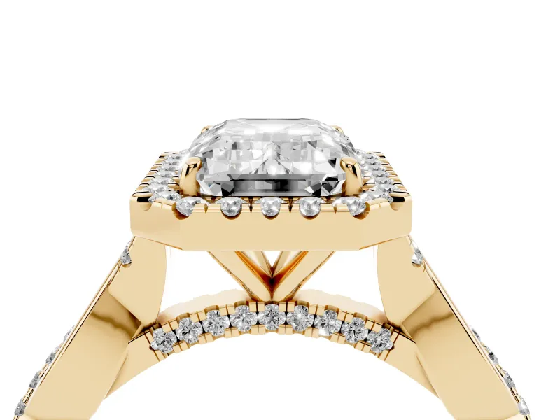 Emerald Cut Halo Engagement Ring Setting | Pavé Twist Band | Yellow Gold