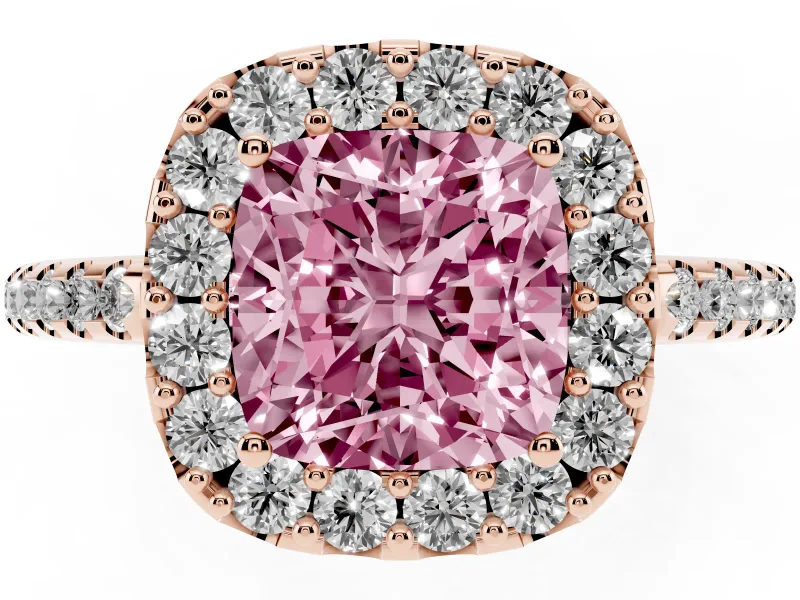 Cushion Cut Pave Halo Engagement Ring Setting for a Fancy Pink Lab-Grown Diamond | Pave Band | Rose Gold