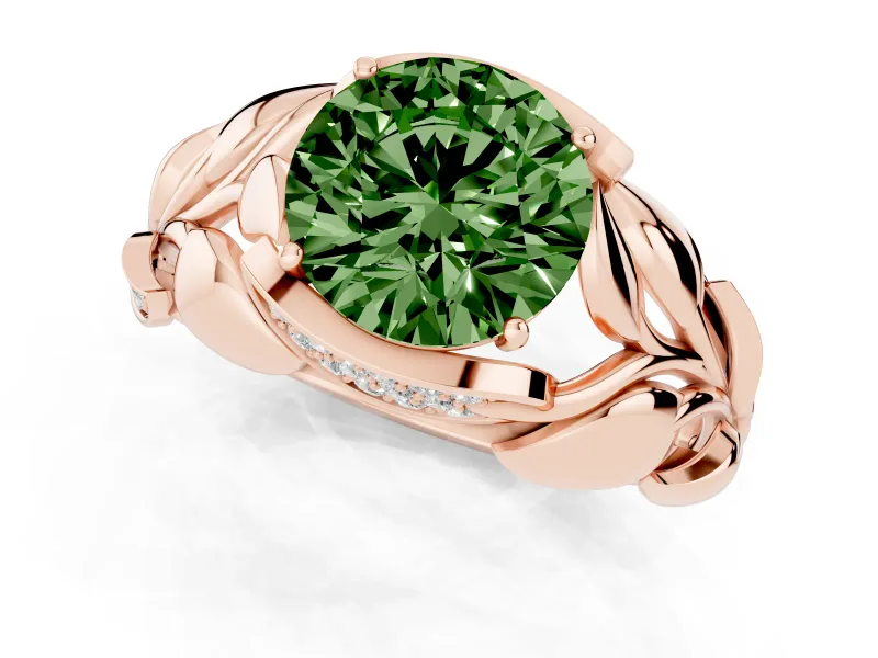Fancy Green Round Cut Diamond Leaf-Inspired Engagement Ring Set in Rose gold with Round Accents