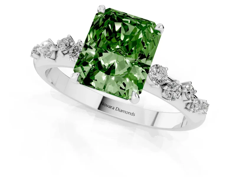 Fancy Green Radiant Cut Diamond Cluster Solitaire Ring Set in White gold with Prong Setting
