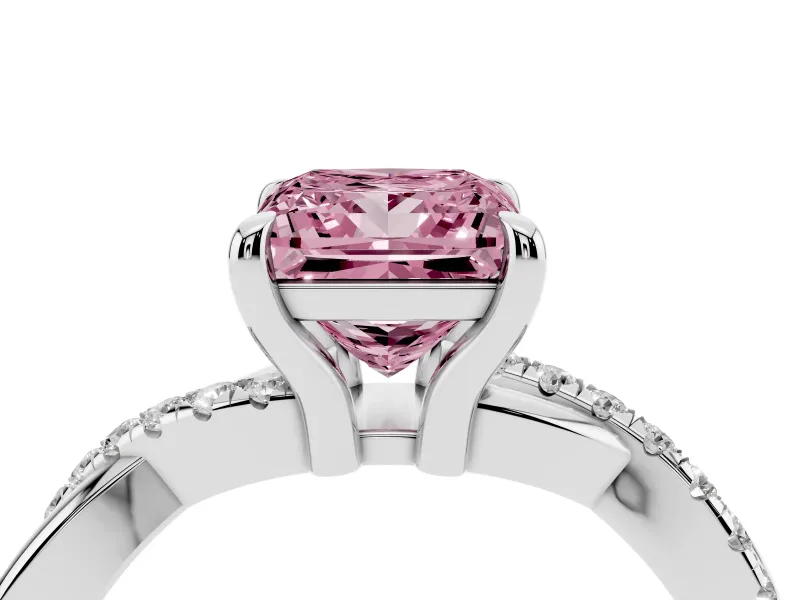 Fancy Pink Princess Cut Diamond Twist Band Solitaire Set in Platinum with Pavé Accents and Prong Setting