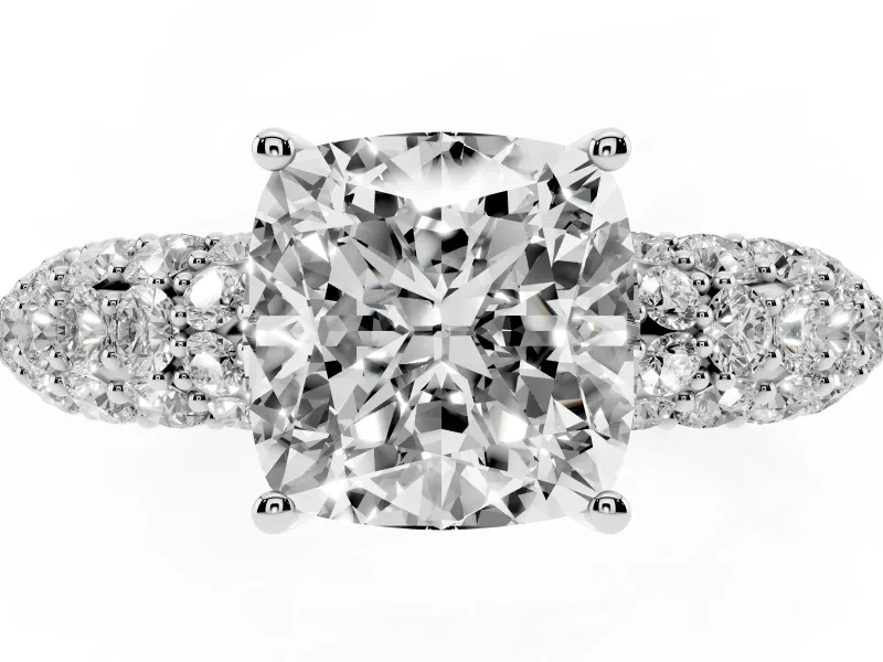 Cushion Cut Diamond Pavé Band Solitaire Ring Set in Silver with Close-Set Accent Stones and Prong Setting