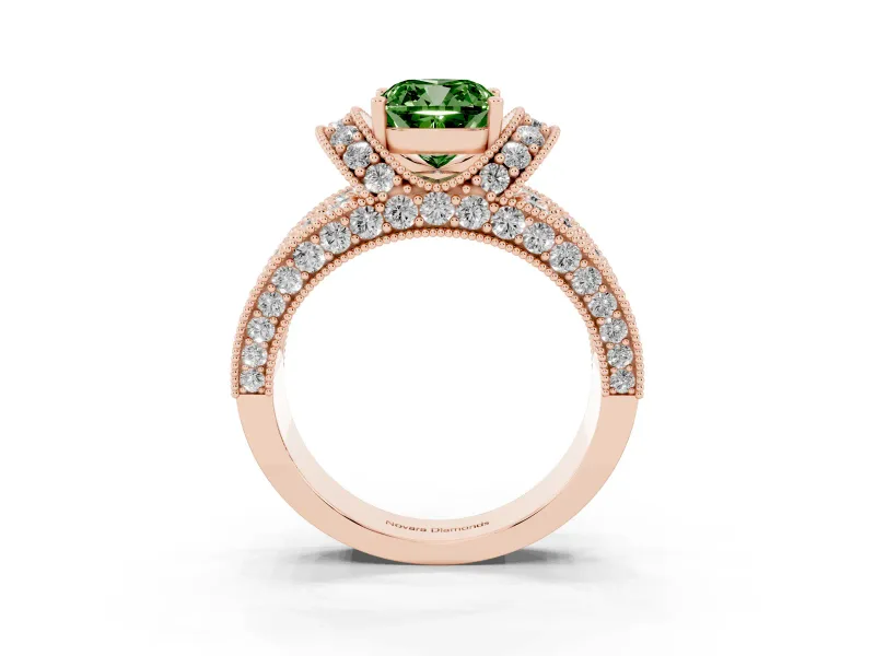 Cushion Cut Vintage Pave Engagement Ring Setting for a Fancy Green Lab-Grown Diamond | Milgrain Edges | Rose Gold