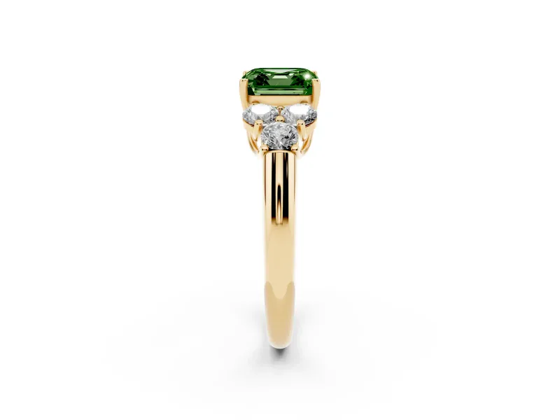 Fancy Green Asscher Cut Diamond Cluster Ring Set in Yellow gold with Round Accent Stones and Prong Setting on a Plain Band