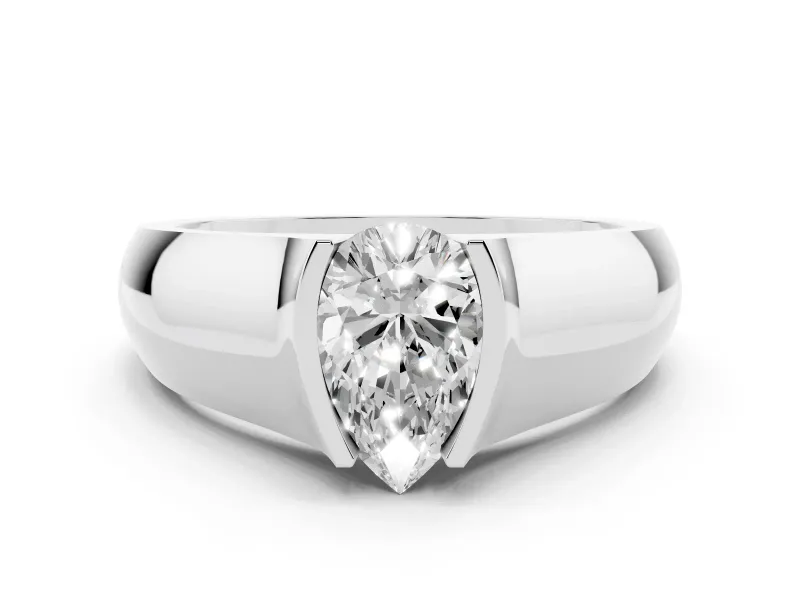 Pear Cut Diamond Bezel Solitaire Ring Set in Silver with Wide Band