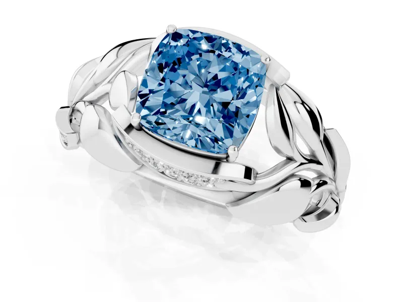 Cushion Cut Leaf Bypass Engagement Ring Setting for a Fancy Blue Lab-Grown Diamond | White Gold